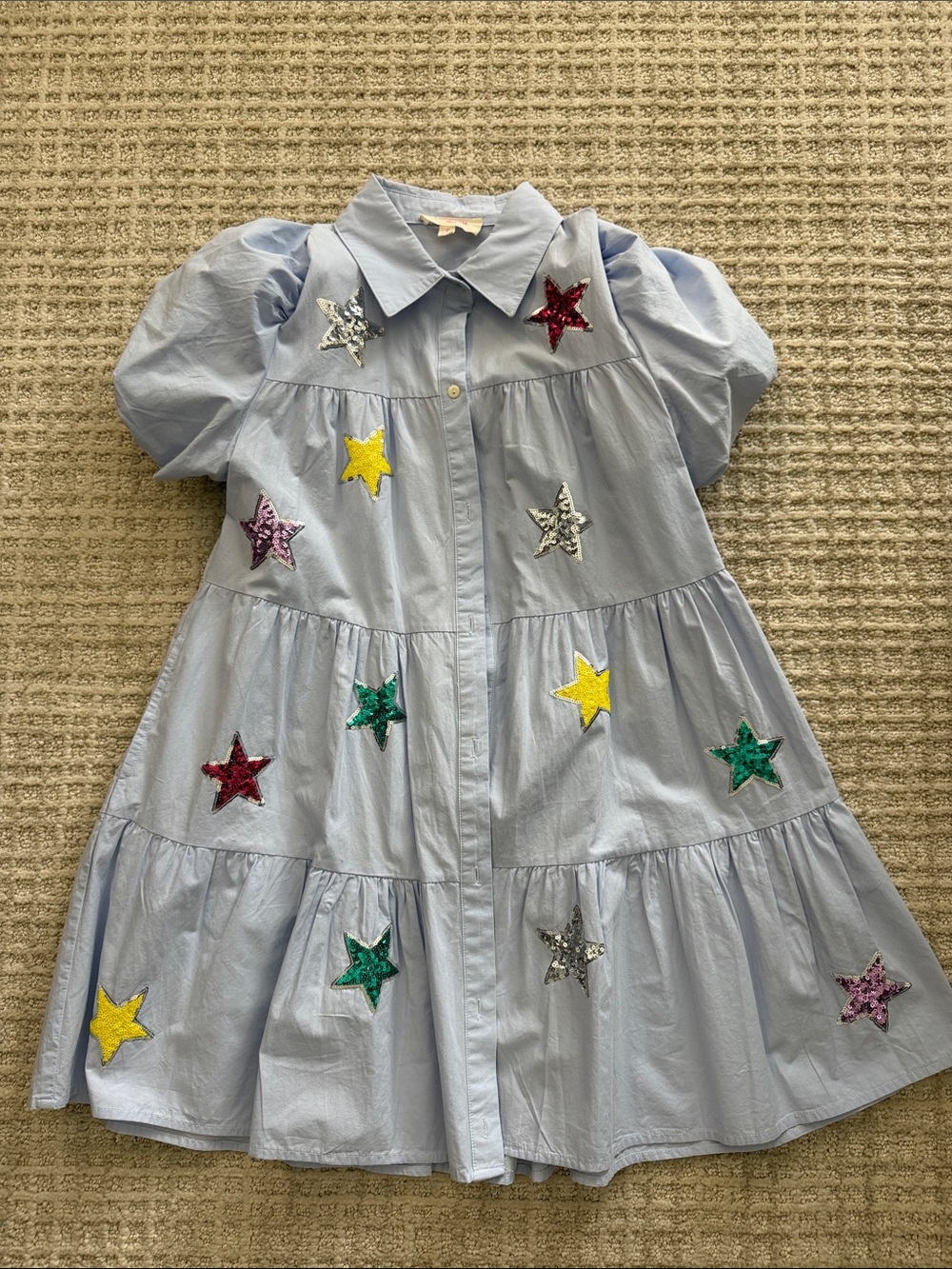 Peach Love California Light Blue Tiered Dress with Multicolor Sequin Stars